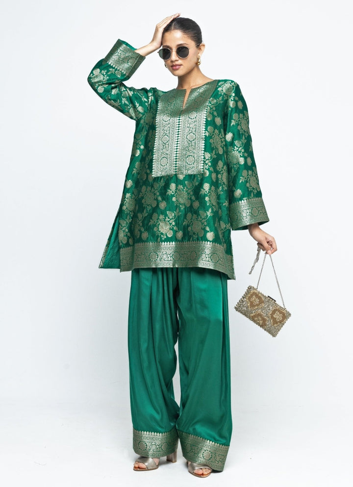 Green Brocade Floral Jaal Silk Kurta Salwar Set Sobariko - Fabilicious Fashion