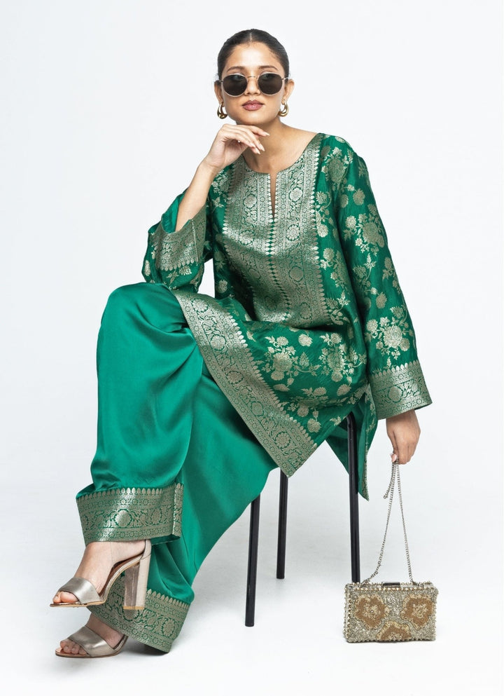 Green Brocade Floral Jaal Silk Kurta Salwar Set Sobariko - Fabilicious Fashion