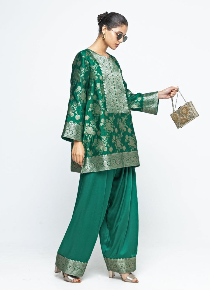 Green Brocade Floral Jaal Silk Kurta Salwar Set Sobariko - Fabilicious Fashion