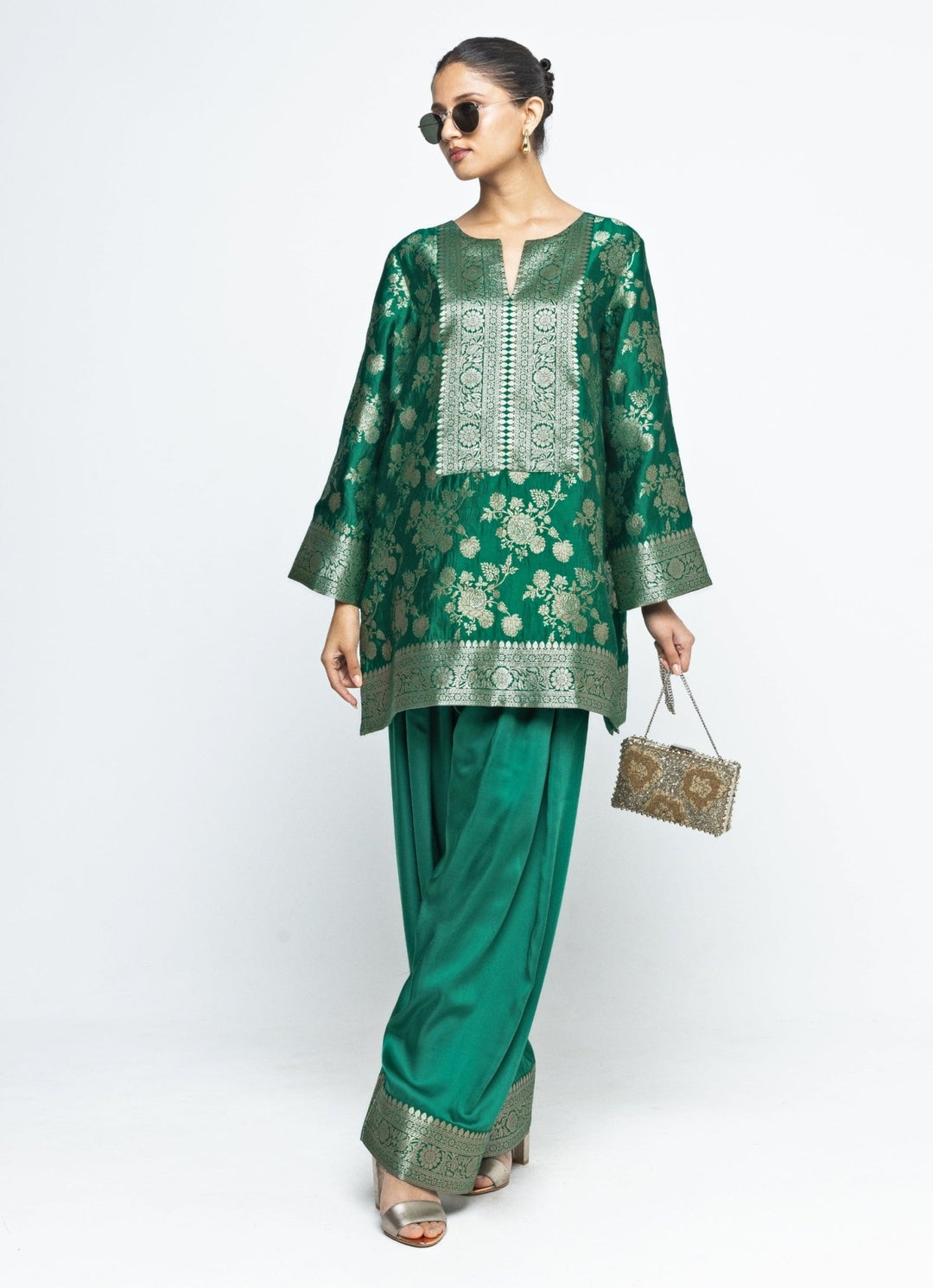 Green Brocade Floral Jaal Silk Kurta Salwar Set Sobariko - Fabilicious Fashion