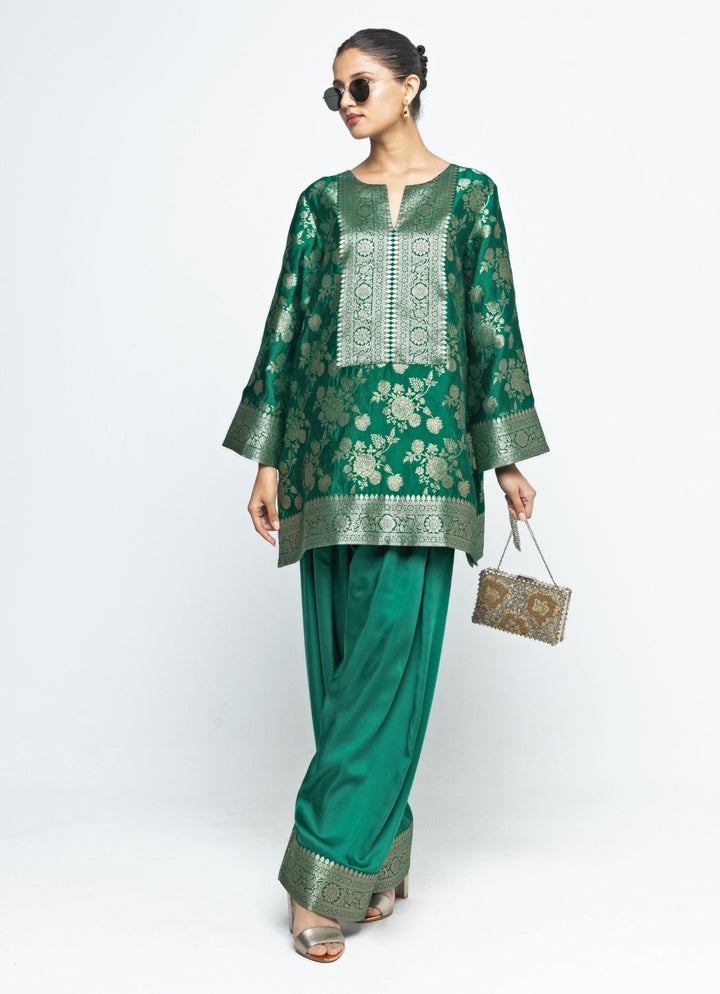 Green Brocade Floral Jaal Silk Kurta Salwar Set Sobariko - Fabilicious Fashion