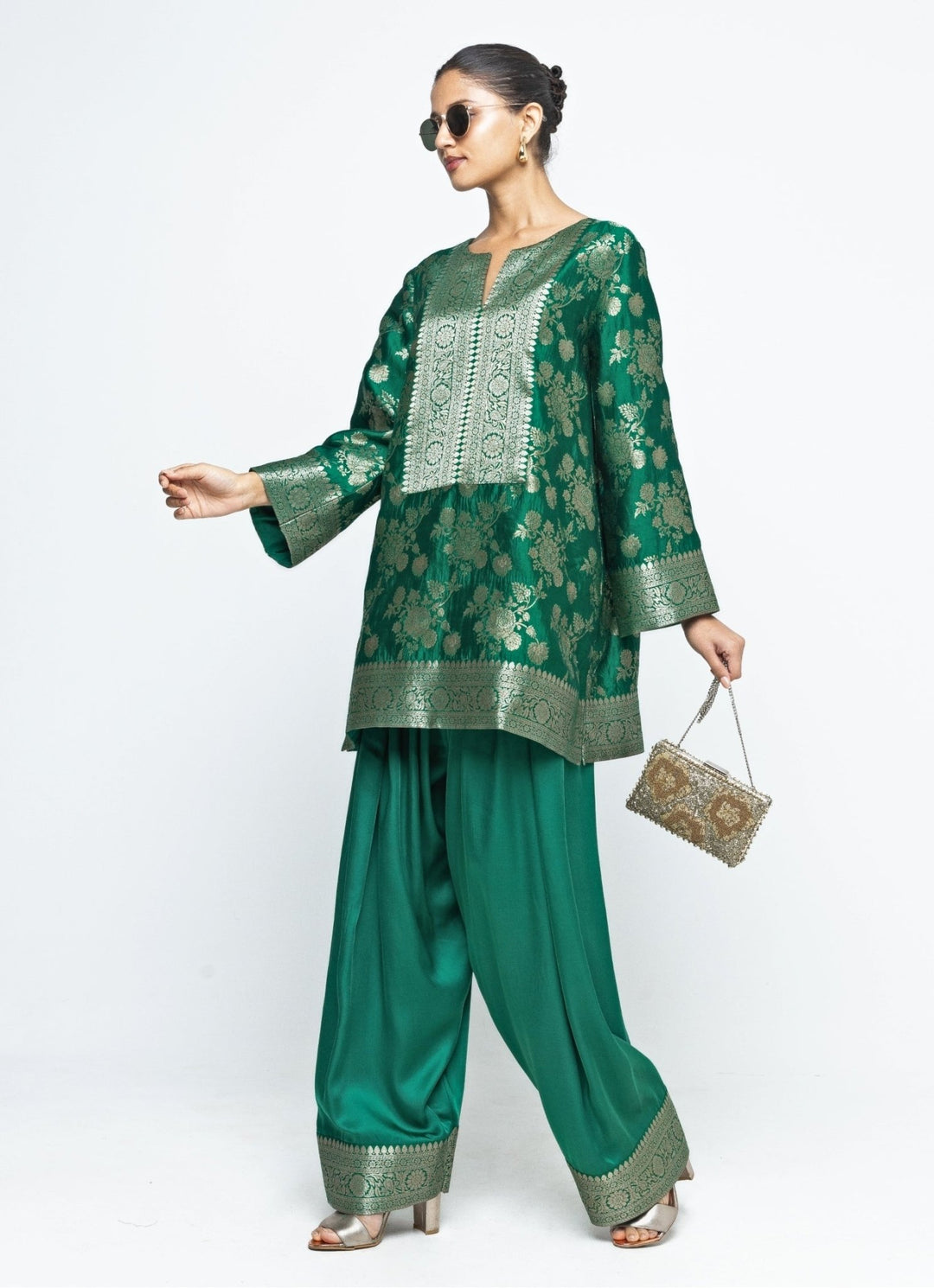 Green Brocade Floral Jaal Silk Kurta Salwar Set Sobariko - Fabilicious Fashion