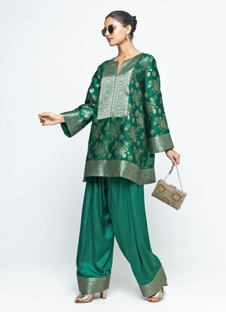 Green Brocade Floral Jaal Silk Kurta Salwar Set Sobariko - Fabilicious Fashion