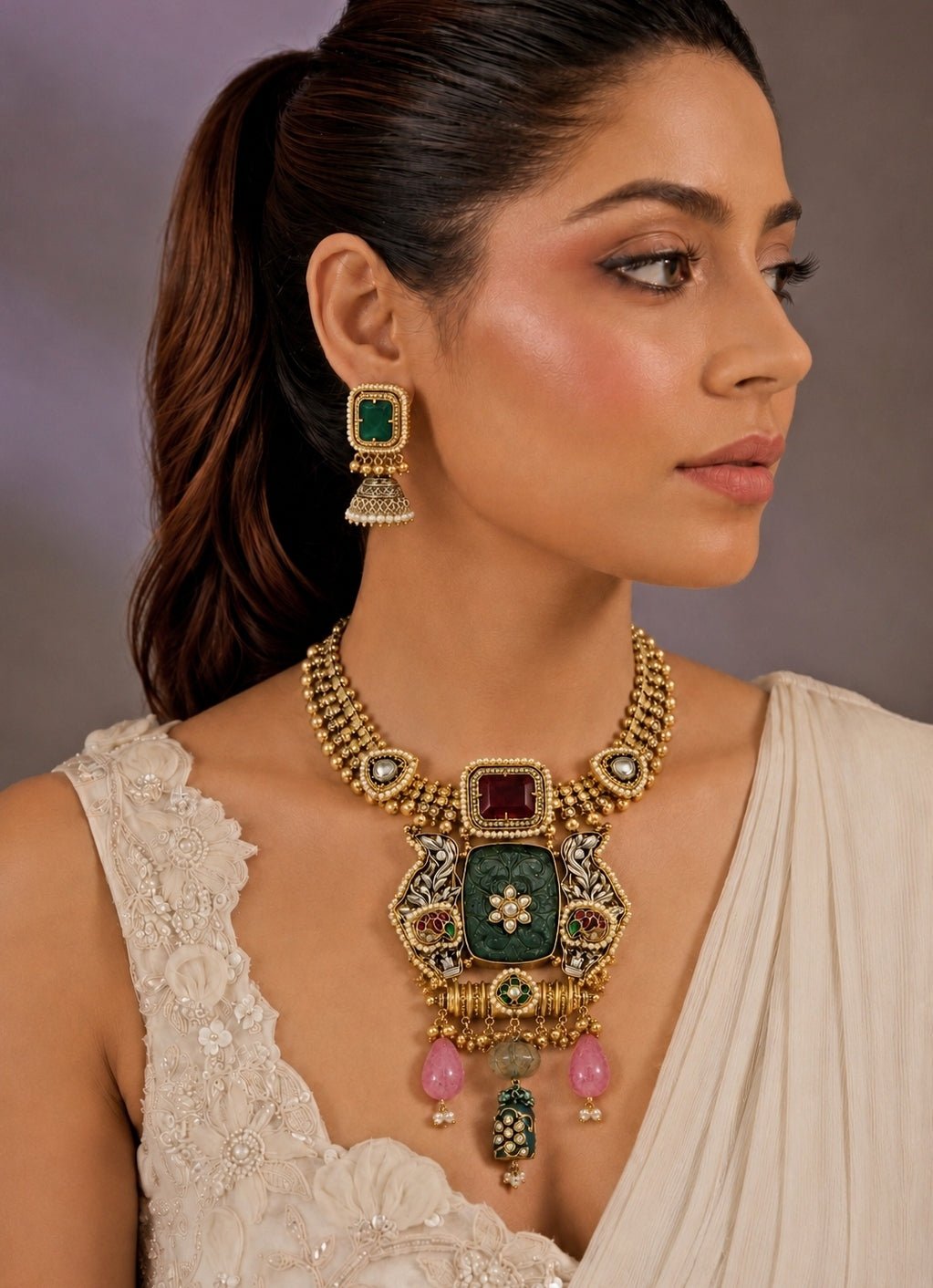 Vivinia by Vidhi Mehra Green Carved Stone Statement Necklace SetFabilicious Fashion