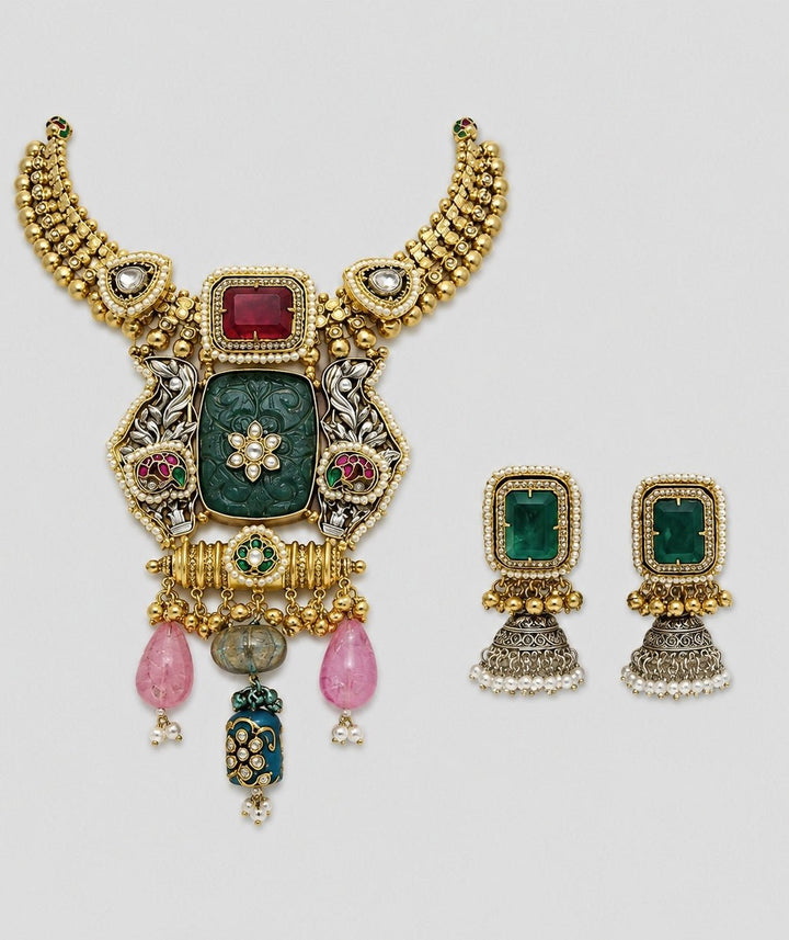 Vivinia by Vidhi Mehra Green Carved Stone Statement Necklace SetFabilicious Fashion