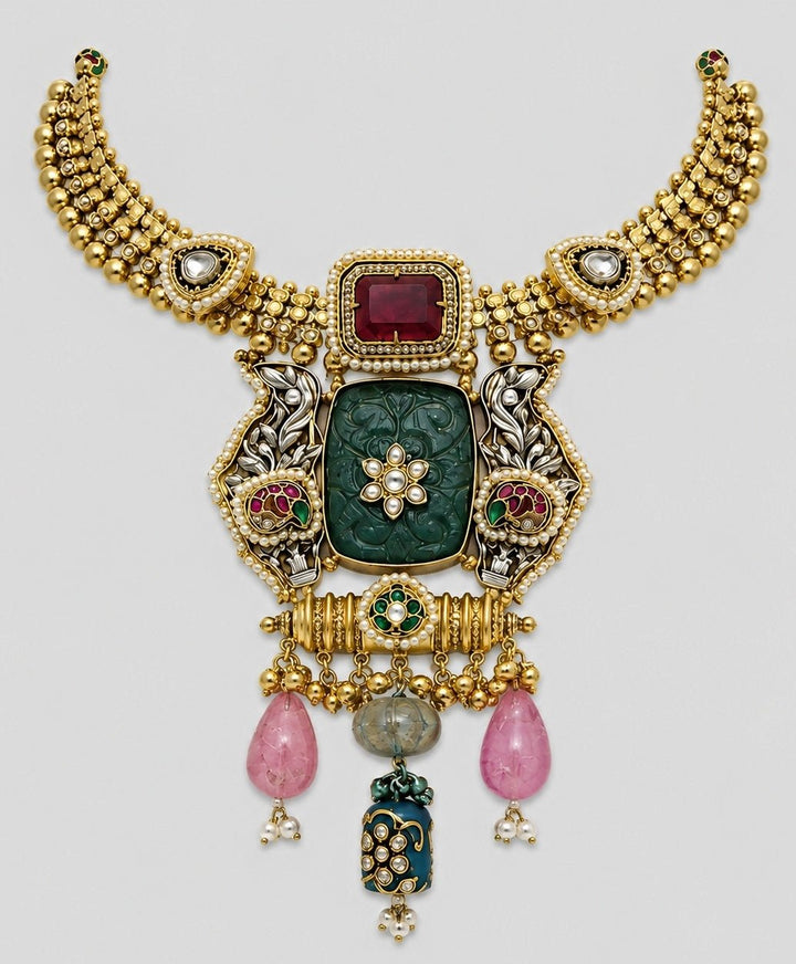 Vivinia by Vidhi Mehra Green Carved Stone Statement Necklace SetFabilicious Fashion