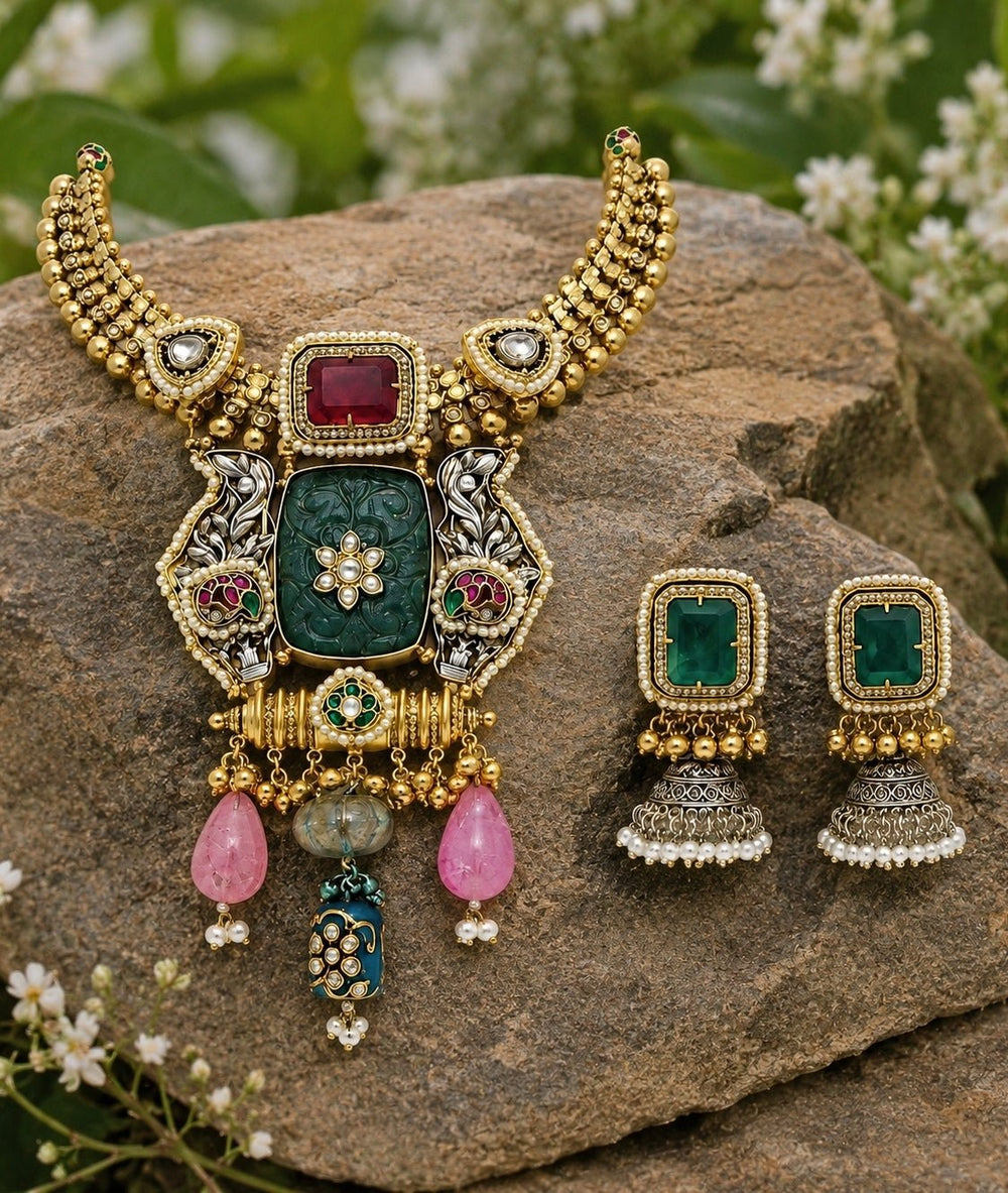 Vivinia by Vidhi Mehra Green Carved Stone Statement Necklace SetFabilicious Fashion