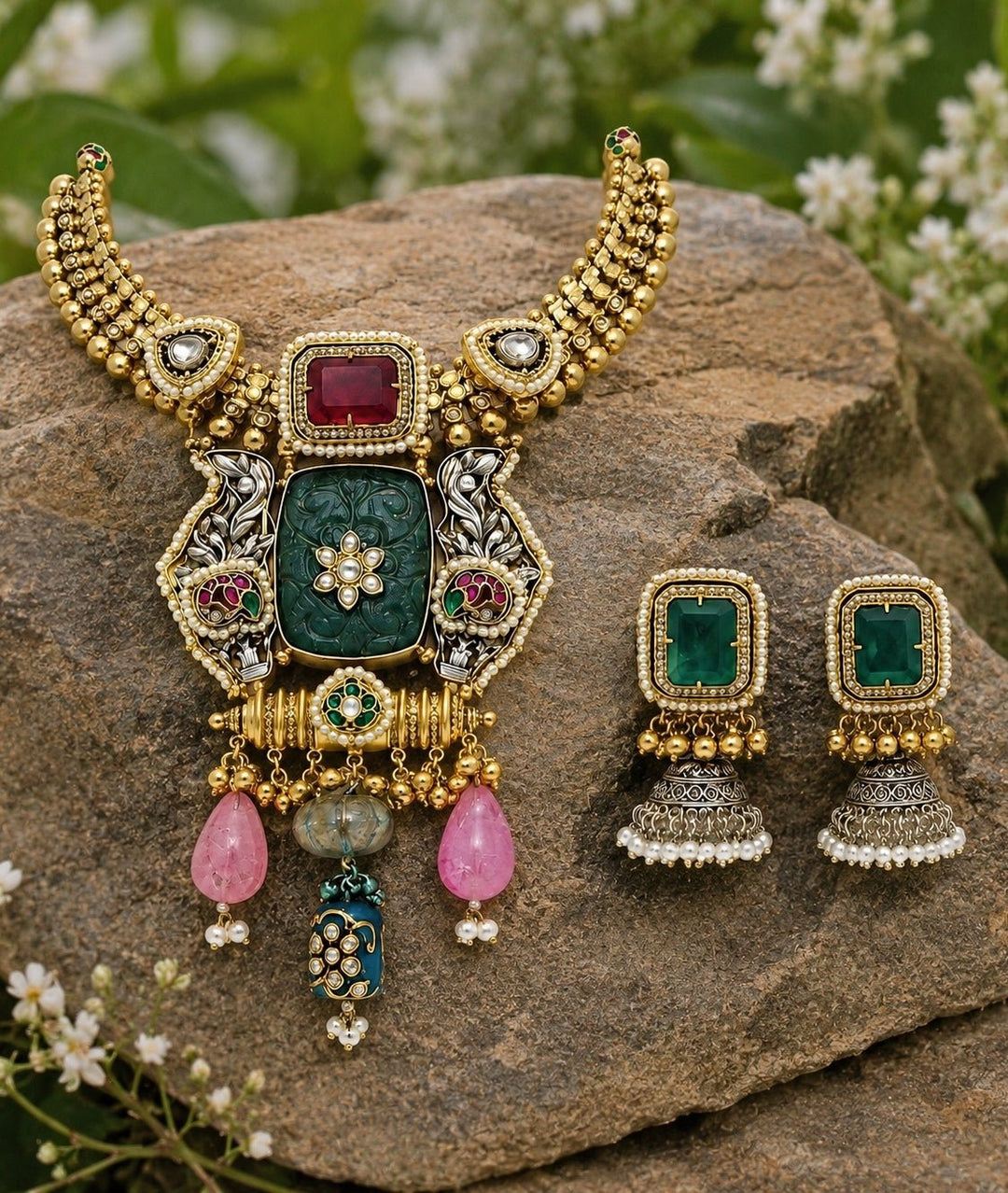 Vivinia by Vidhi Mehra Green Carved Stone Statement Necklace SetFabilicious Fashion