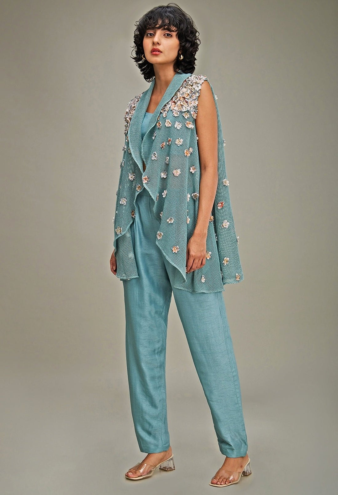 Green Chanderi Co Ord Set With Embroidered Cape Soup By Sougat Paul - Fabilicious Fashion