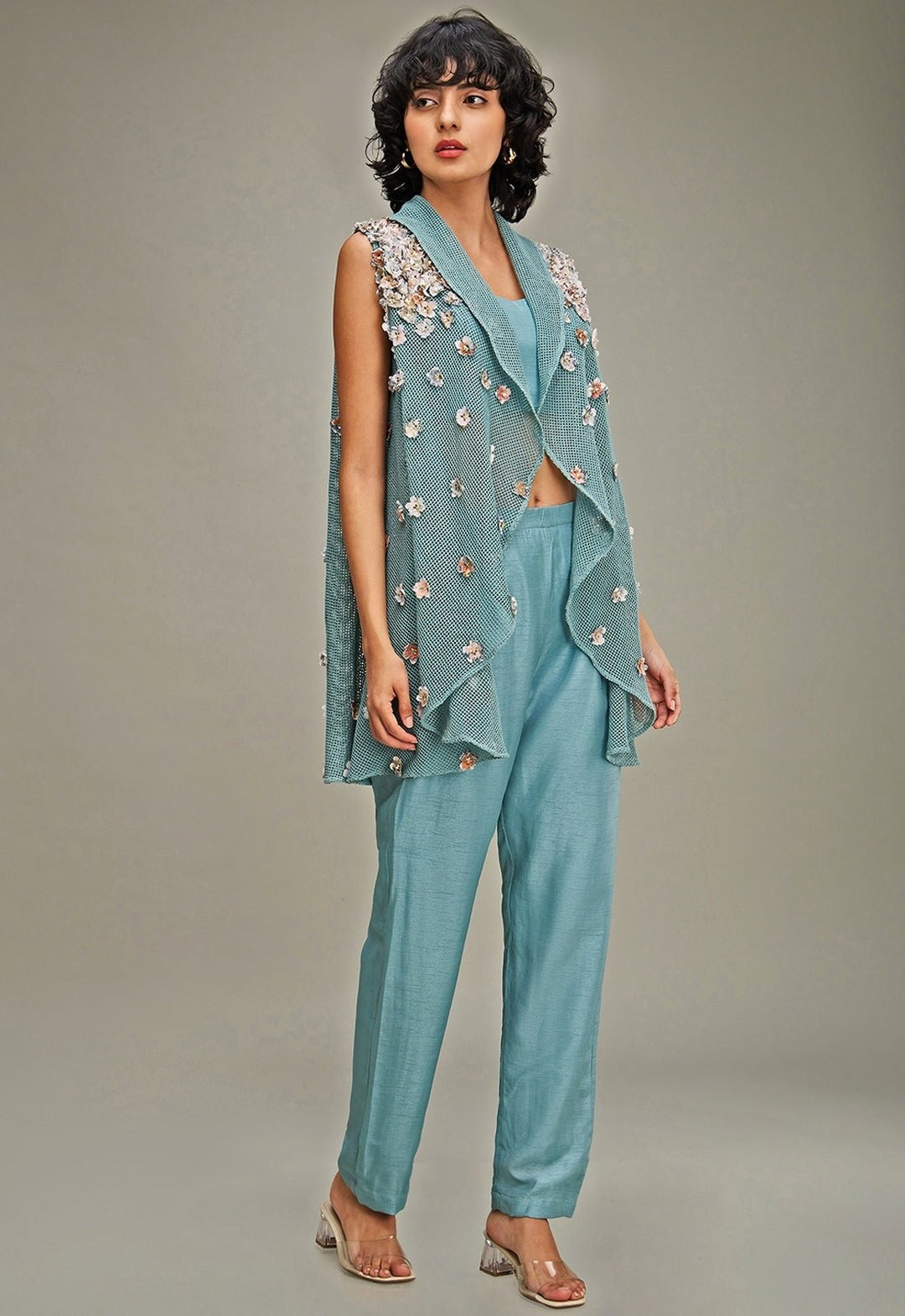 Green Chanderi Co Ord Set With Embroidered Cape Soup By Sougat Paul - Fabilicious Fashion