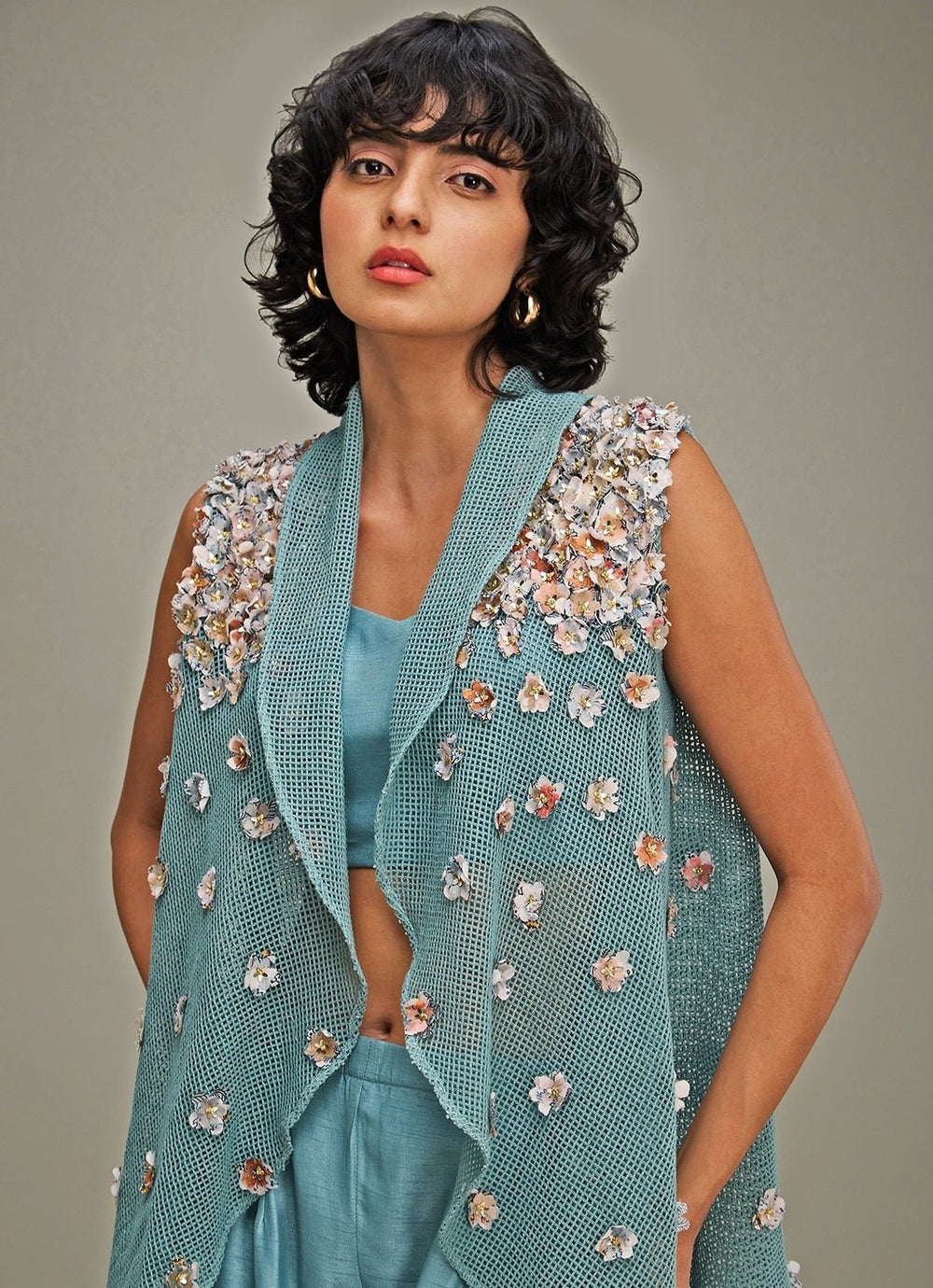 Green Chanderi Co Ord Set With Embroidered Cape Soup By Sougat Paul - Fabilicious Fashion