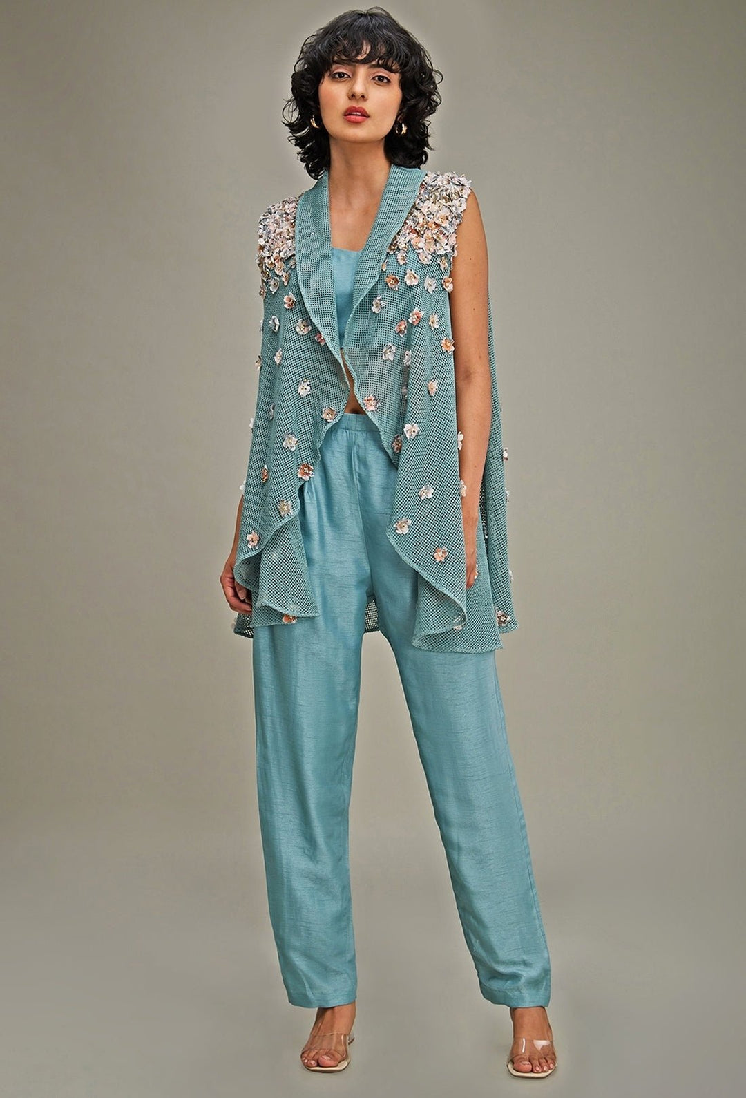 Green Chanderi Co Ord Set With Embroidered Cape Soup By Sougat Paul - Fabilicious Fashion