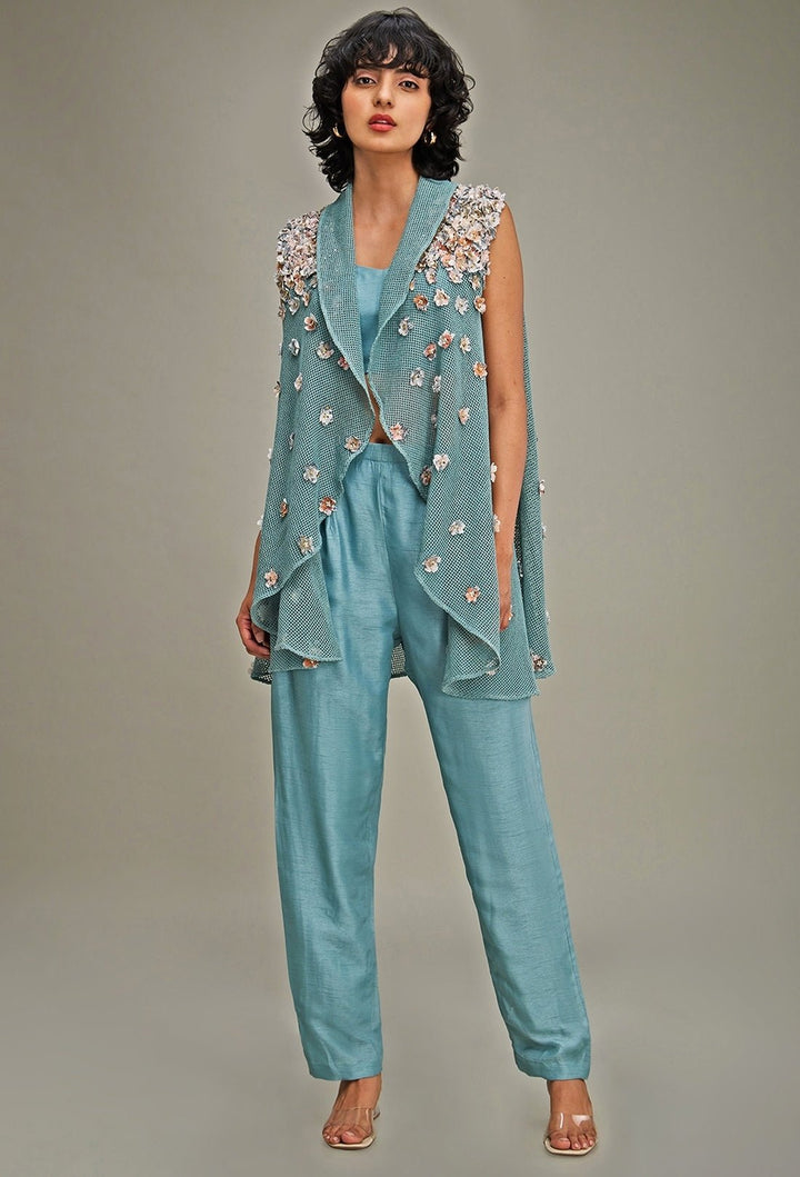 Green Chanderi Co Ord Set With Embroidered Cape Soup By Sougat Paul - Fabilicious Fashion