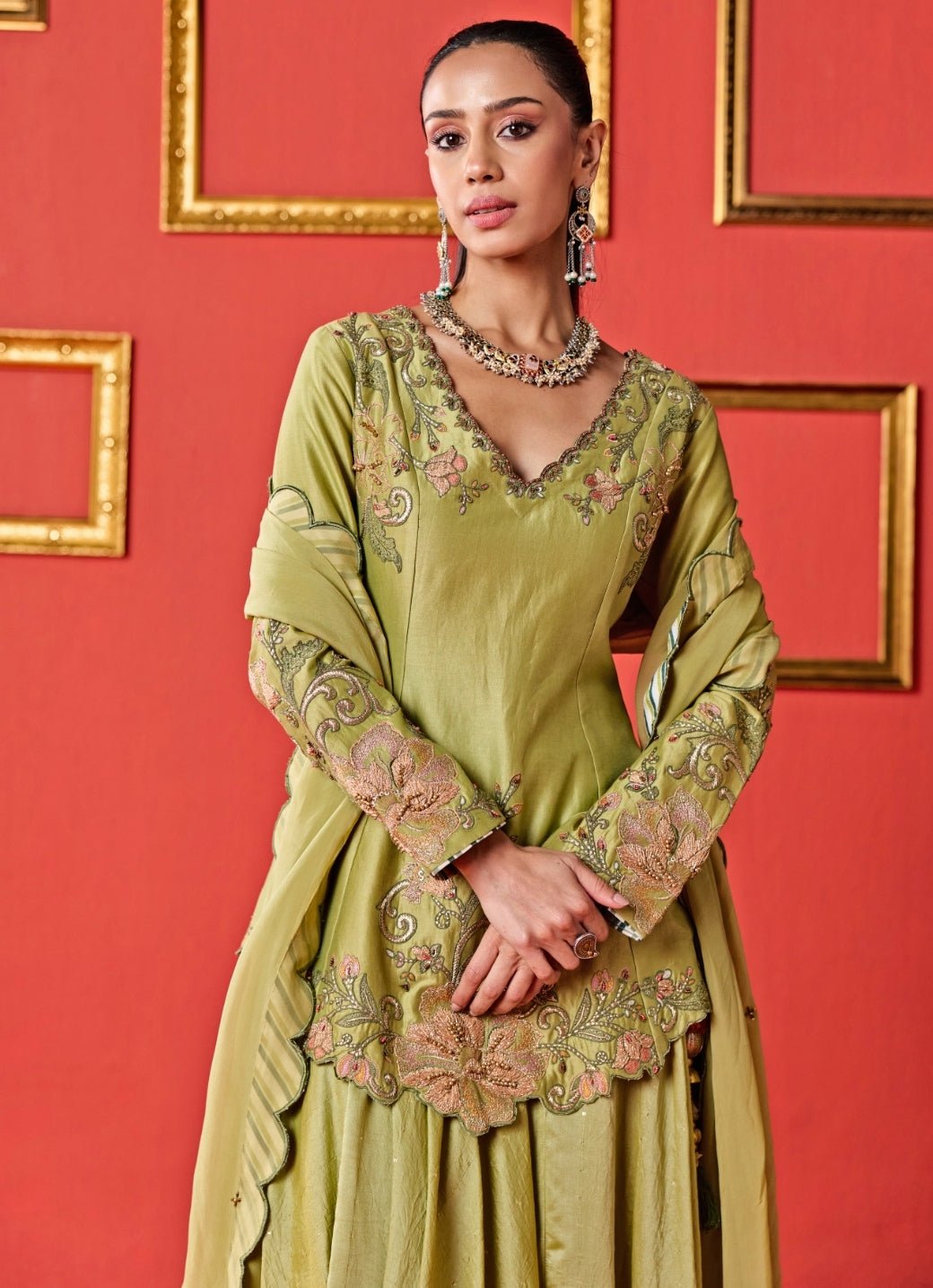 Green Chanderi Kurta Lehenga Set Studio Bagechaa - Fabilicious Fashion