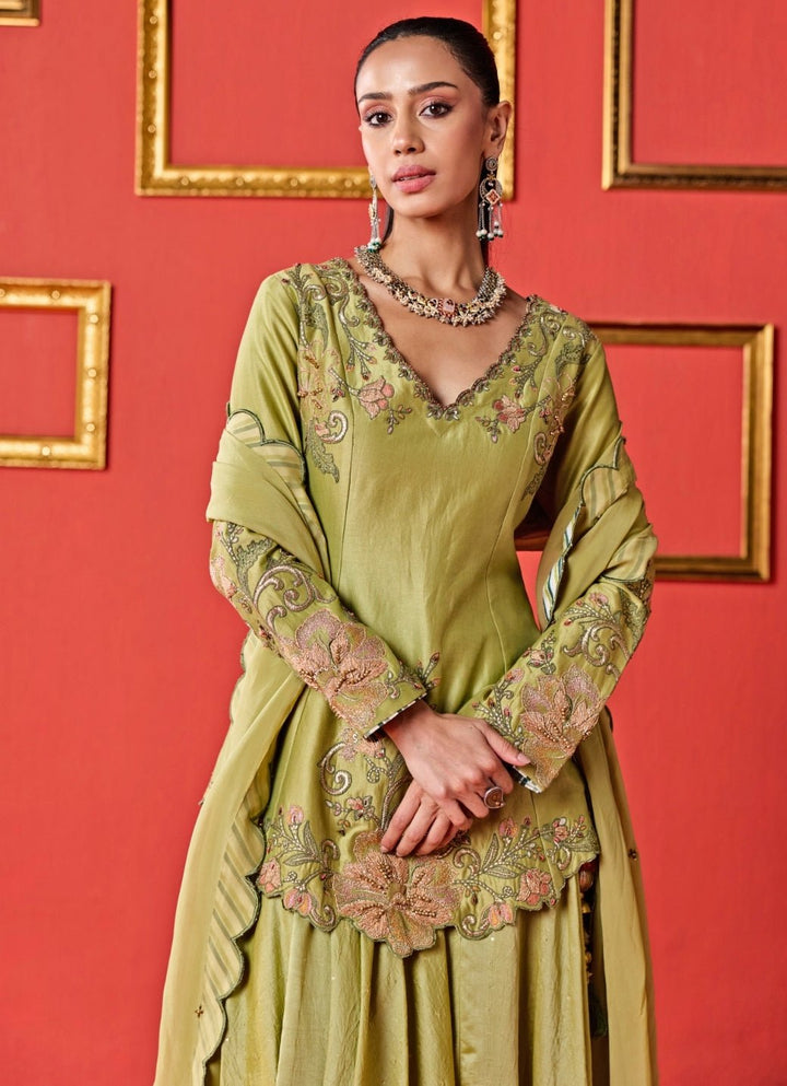 Green Chanderi Kurta Lehenga Set Studio Bagechaa - Fabilicious Fashion