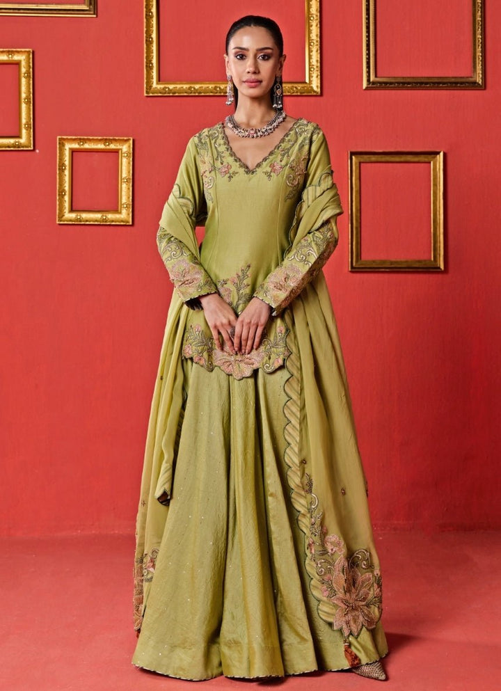 Green Chanderi Kurta Lehenga Set Studio Bagechaa - Fabilicious Fashion