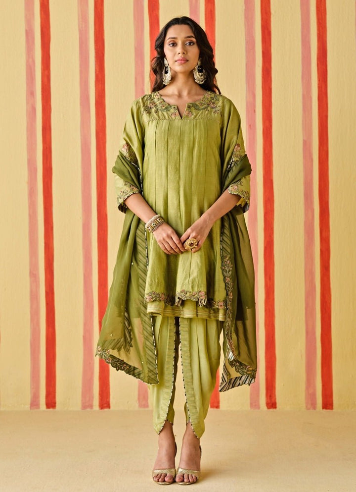 Green Chanderi Kurta With Tulip Pants Set Studio Bagechaa - Fabilicious Fashion