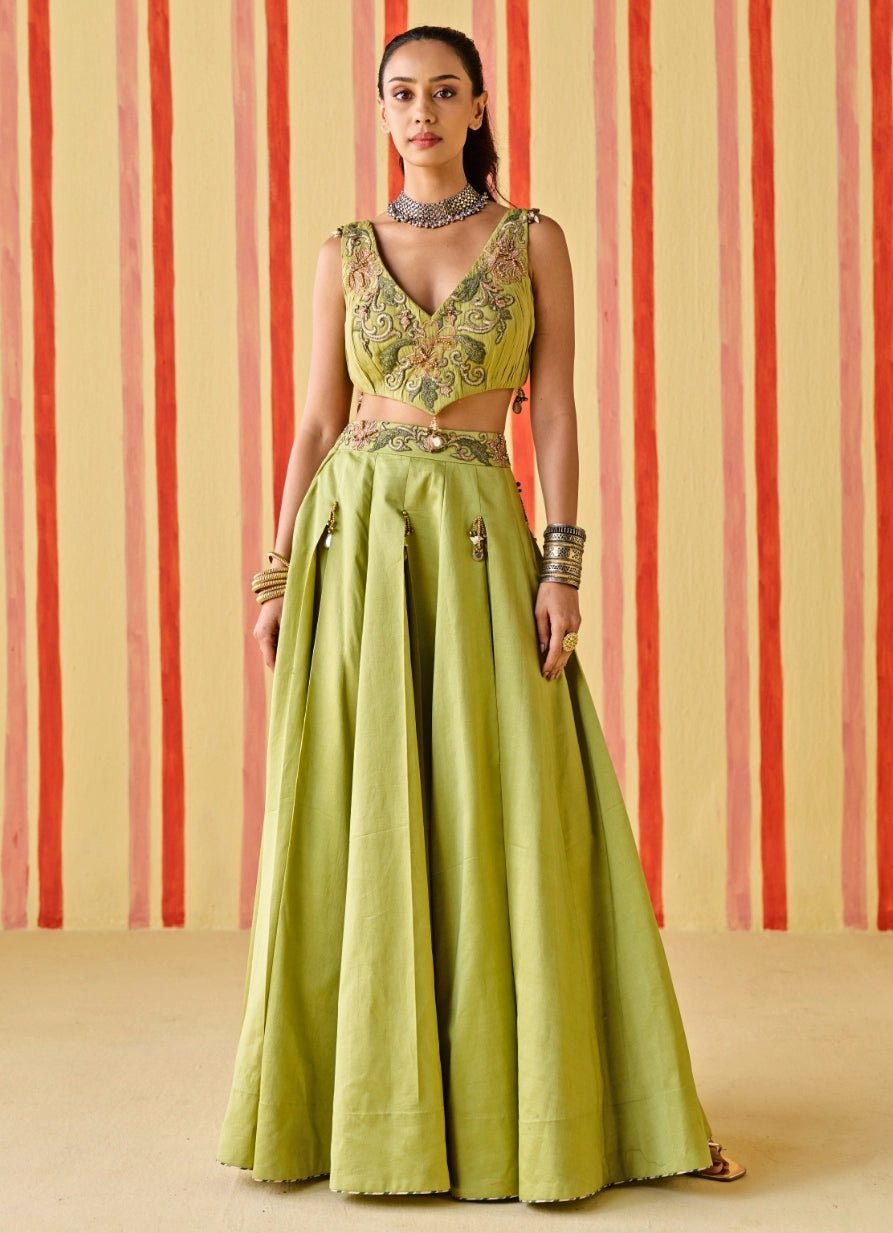Green Chanderi Lehenga Set Studio Bagechaa - Fabilicious Fashion