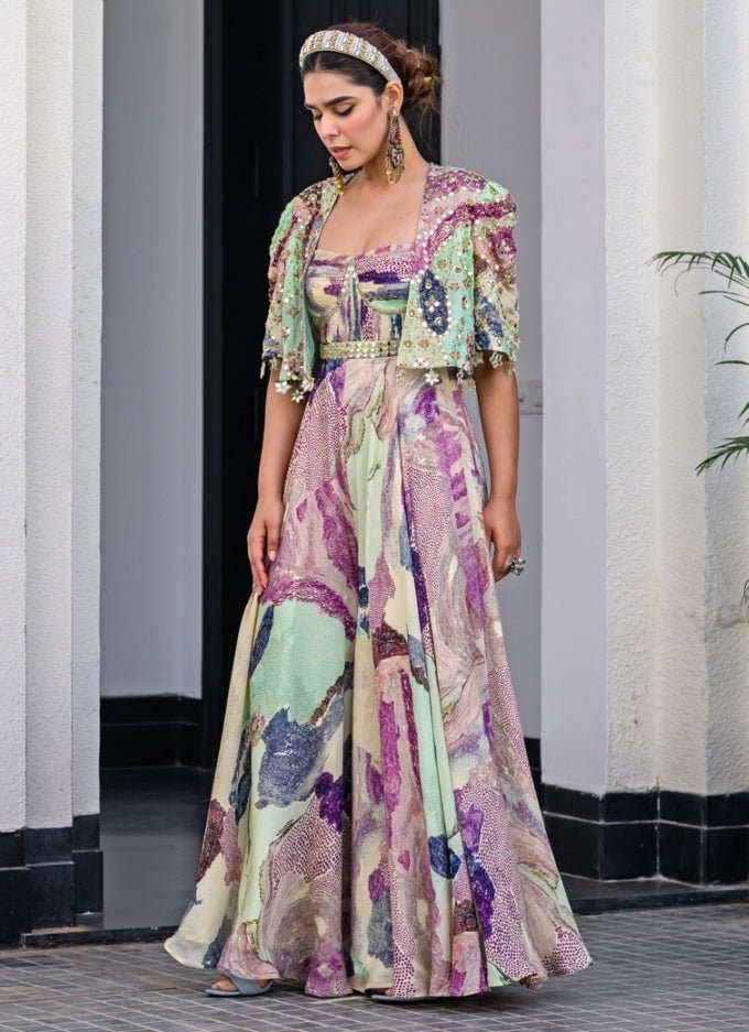 Green Chiffon Jumpsuit With Mirror Work Cape Juhi Bengani - Fabilicious Fashion