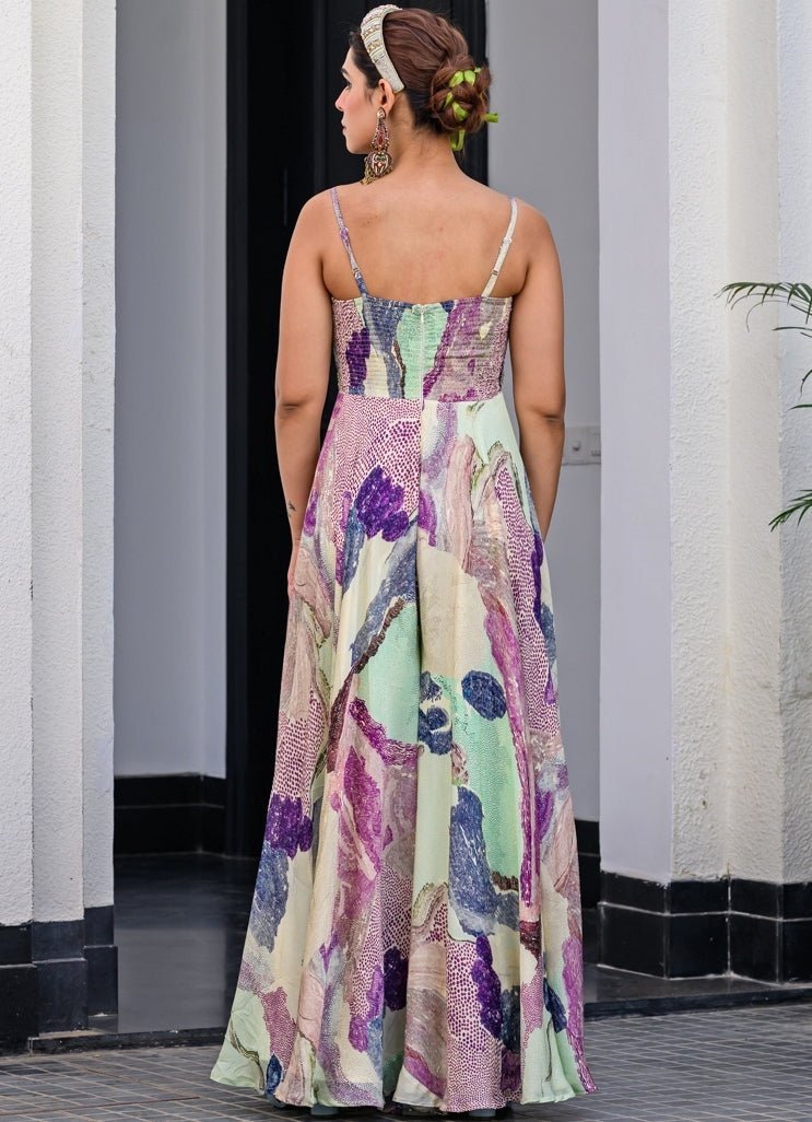 Green Chiffon Jumpsuit With Mirror Work Cape Juhi Bengani - Fabilicious Fashion