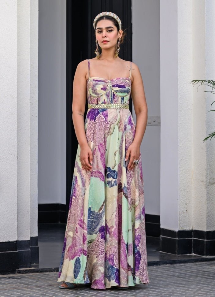 Green Chiffon Jumpsuit With Mirror Work Cape Juhi Bengani - Fabilicious Fashion