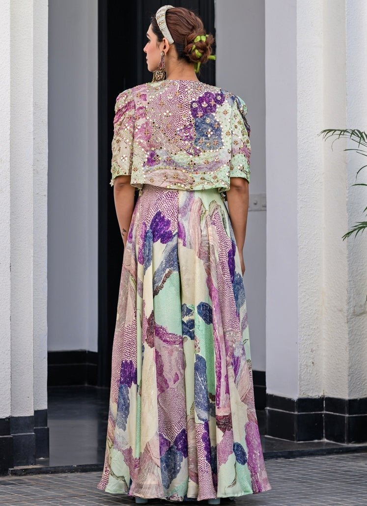 Green Chiffon Jumpsuit With Mirror Work Cape Juhi Bengani - Fabilicious Fashion