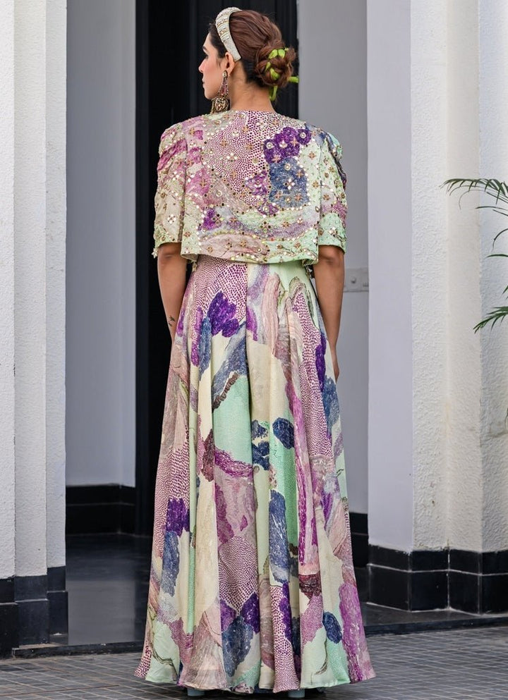 Green Chiffon Jumpsuit With Mirror Work Cape Juhi Bengani - Fabilicious Fashion