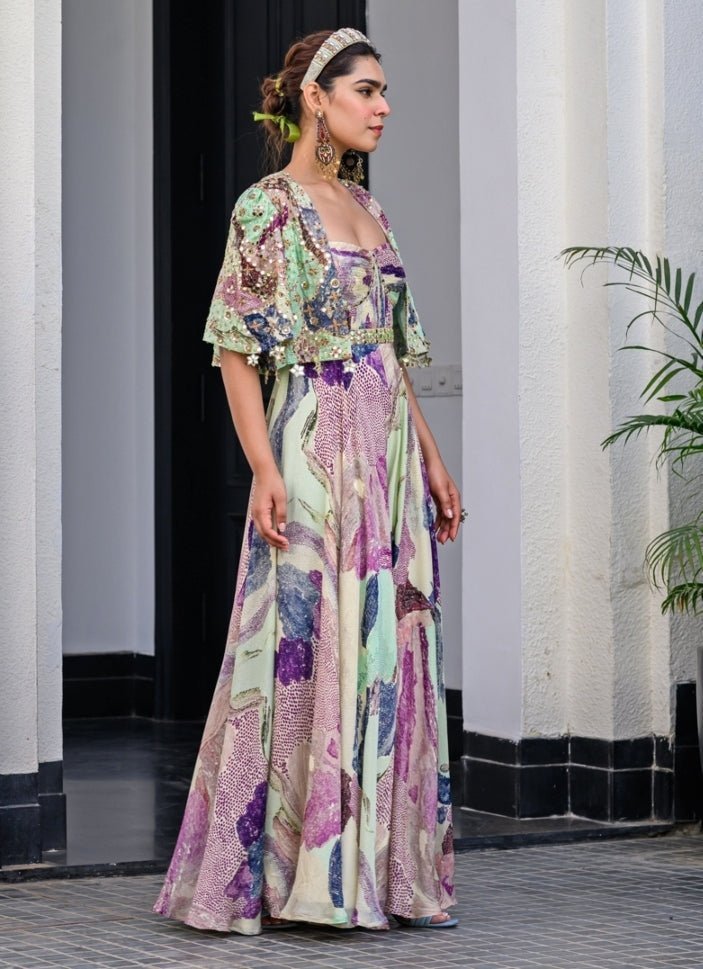Green Chiffon Jumpsuit With Mirror Work Cape Juhi Bengani - Fabilicious Fashion