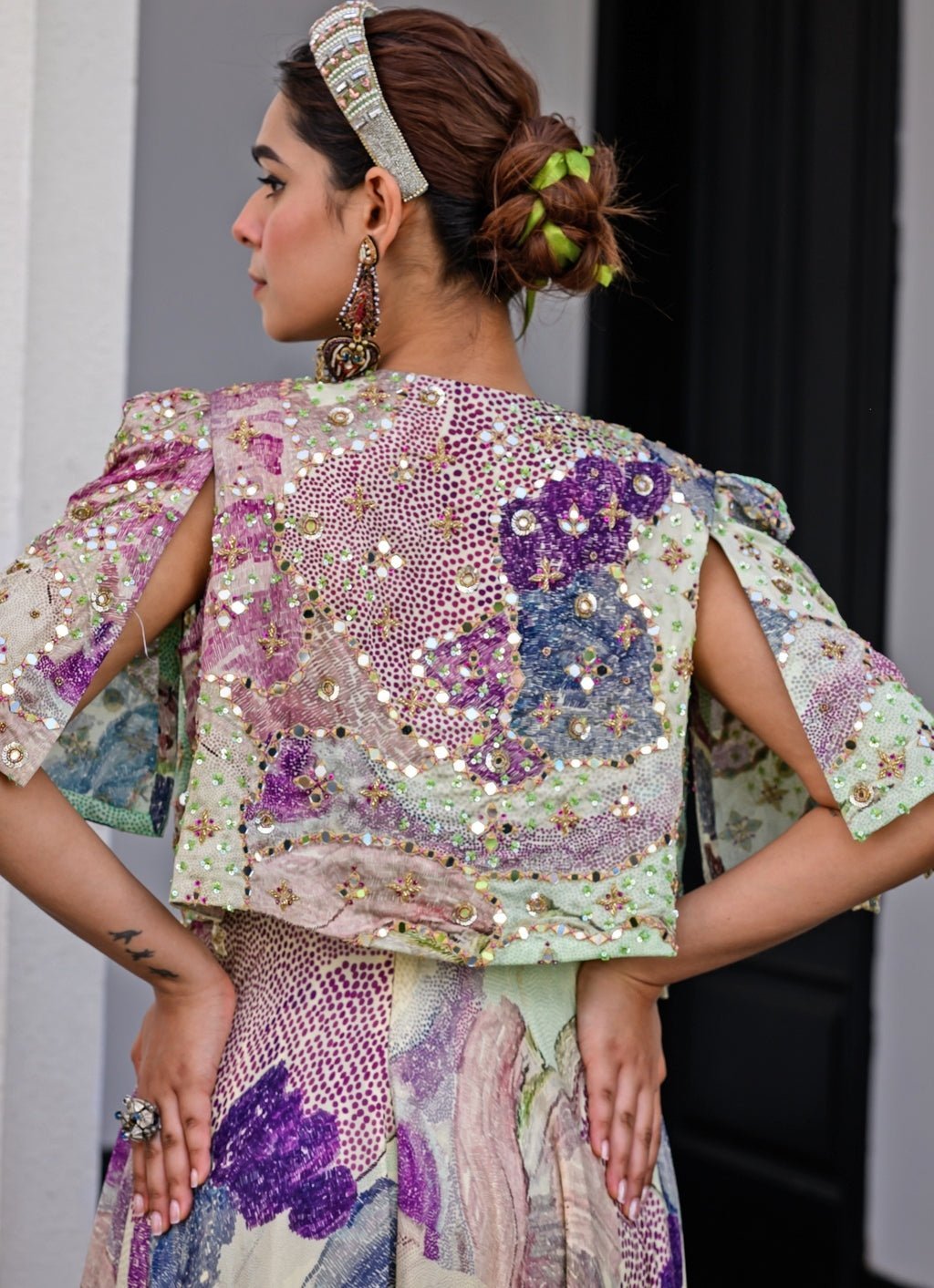 Green Chiffon Jumpsuit With Mirror Work Cape Juhi Bengani - Fabilicious Fashion