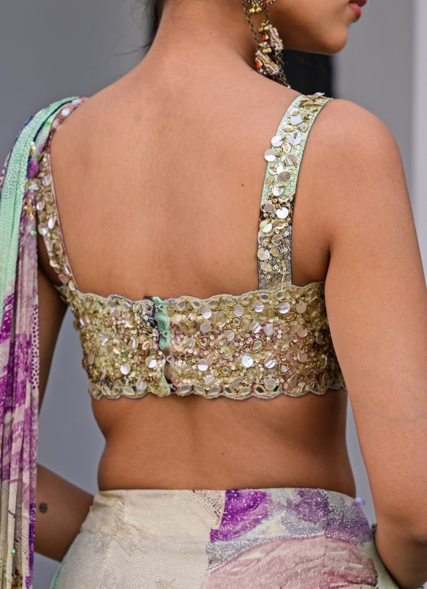 Green Chiffon Predraped Saree Set With Sequins Blouse Juhi Bengani - Fabilicious Fashion