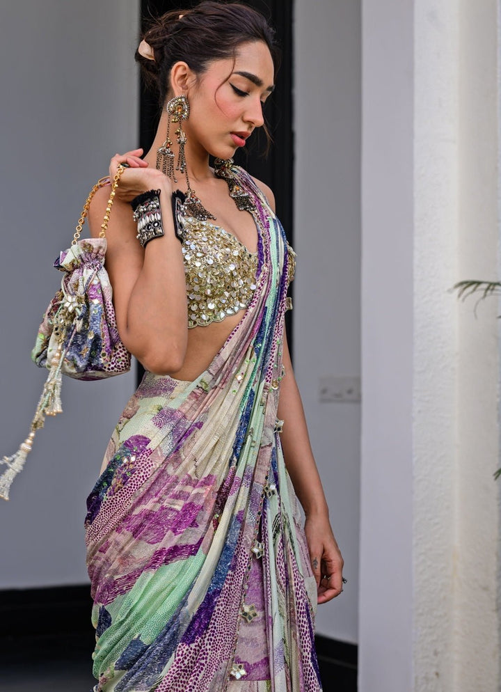 Green Chiffon Predraped Saree Set With Sequins Blouse Juhi Bengani - Fabilicious Fashion