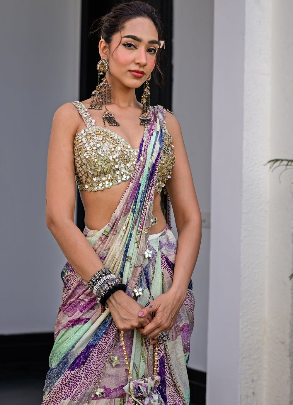 Green Chiffon Predraped Saree Set With Sequins Blouse Juhi Bengani - Fabilicious Fashion
