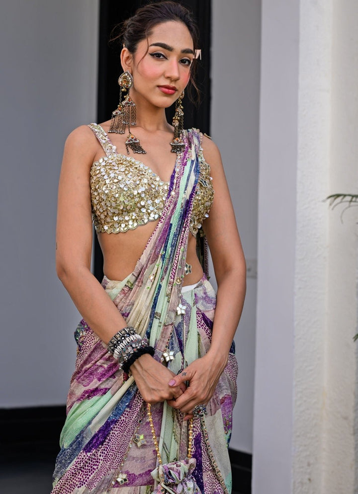 Green Chiffon Predraped Saree Set With Sequins Blouse Juhi Bengani - Fabilicious Fashion