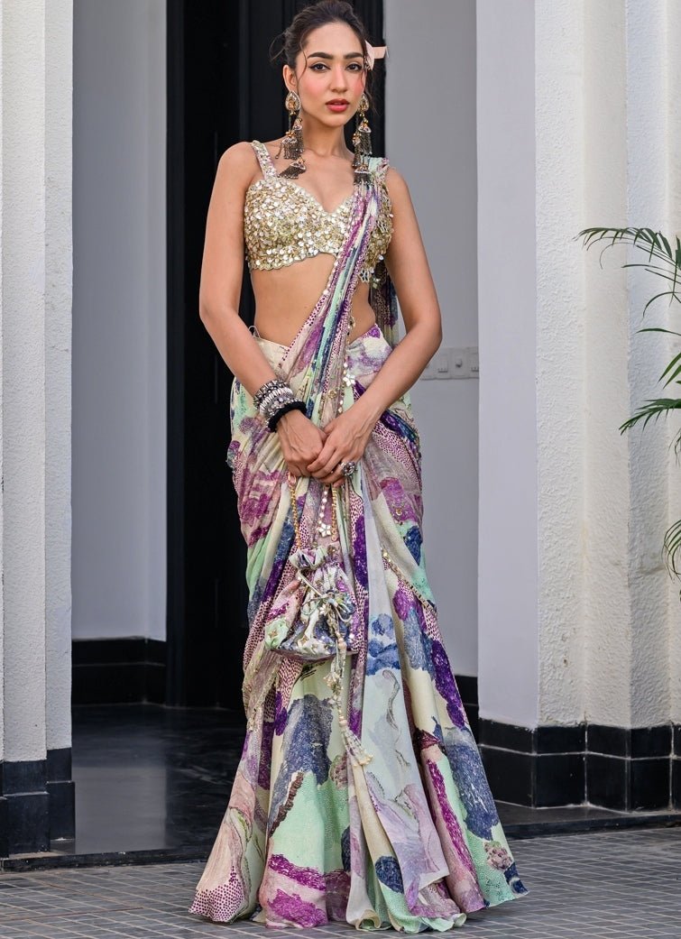 Green Chiffon Predraped Saree Set With Sequins Blouse Juhi Bengani - Fabilicious Fashion