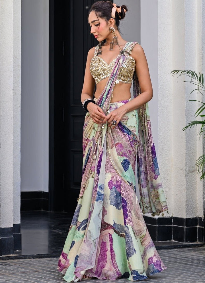 Green Chiffon Predraped Saree Set With Sequins Blouse Juhi Bengani - Fabilicious Fashion
