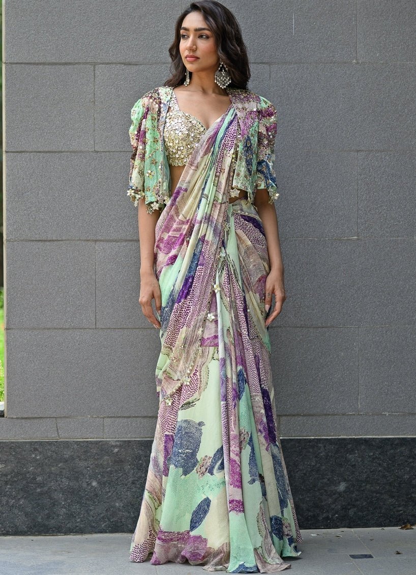 Green Chiffon Predraped Saree With Sequins Blouse And Cape Juhi Bengani - Fabilicious Fashion