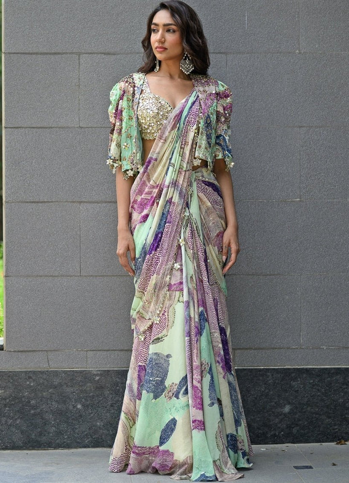 Green Chiffon Predraped Saree With Sequins Blouse And Cape Juhi Bengani - Fabilicious Fashion
