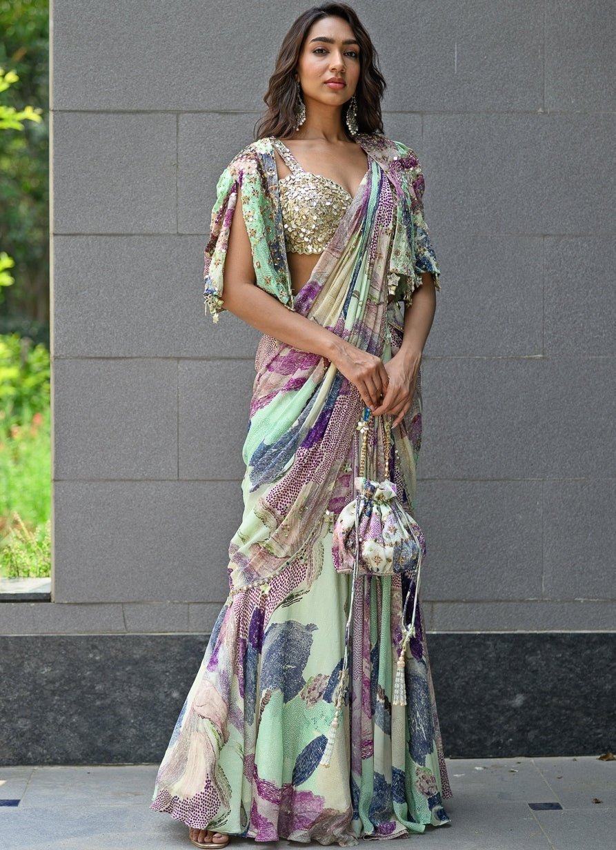 Green Chiffon Predraped Saree With Sequins Blouse And Cape Juhi Bengani - Fabilicious Fashion