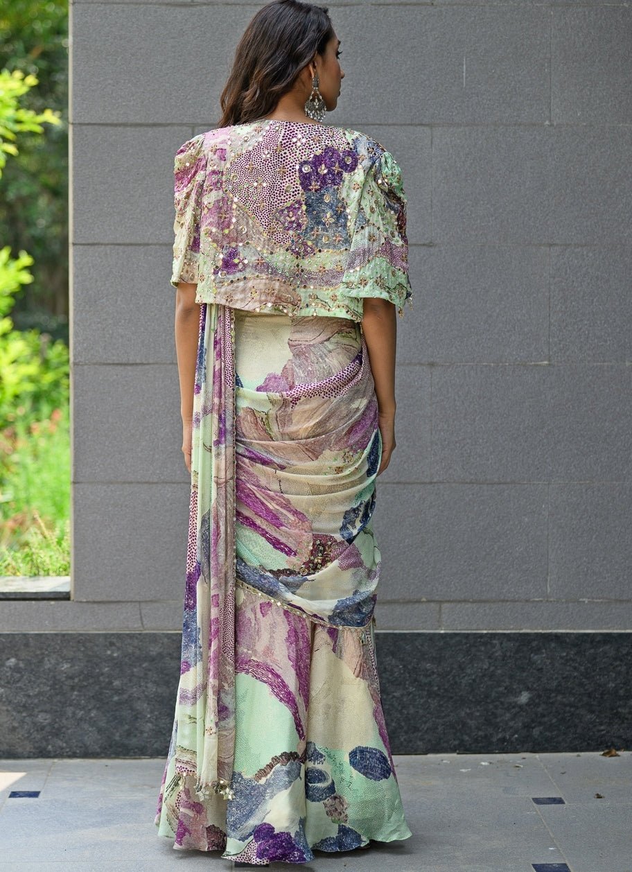 Green Chiffon Predraped Saree With Sequins Blouse And Cape Juhi Bengani - Fabilicious Fashion