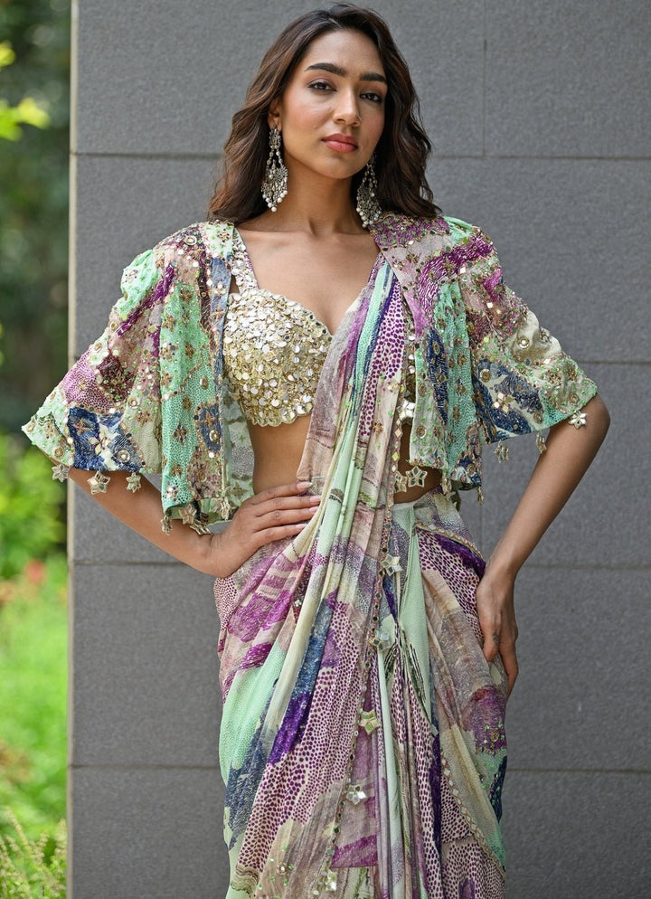 Green Chiffon Predraped Saree With Sequins Blouse And Cape Juhi Bengani - Fabilicious Fashion