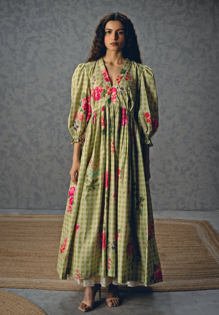 Green Cotton Checked Dress Paulmi and Harsh X Ease - Fabilicious Fashion