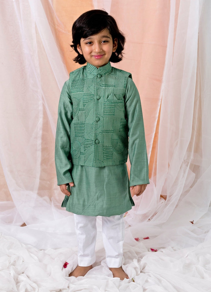 Green Cotton Silk Kurta Bundi Set Chotibuti - Fabilicious Fashion