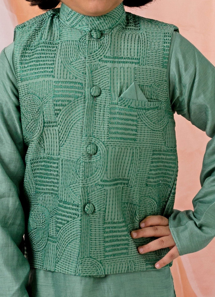 Green Cotton Silk Kurta Bundi Set Chotibuti - Fabilicious Fashion