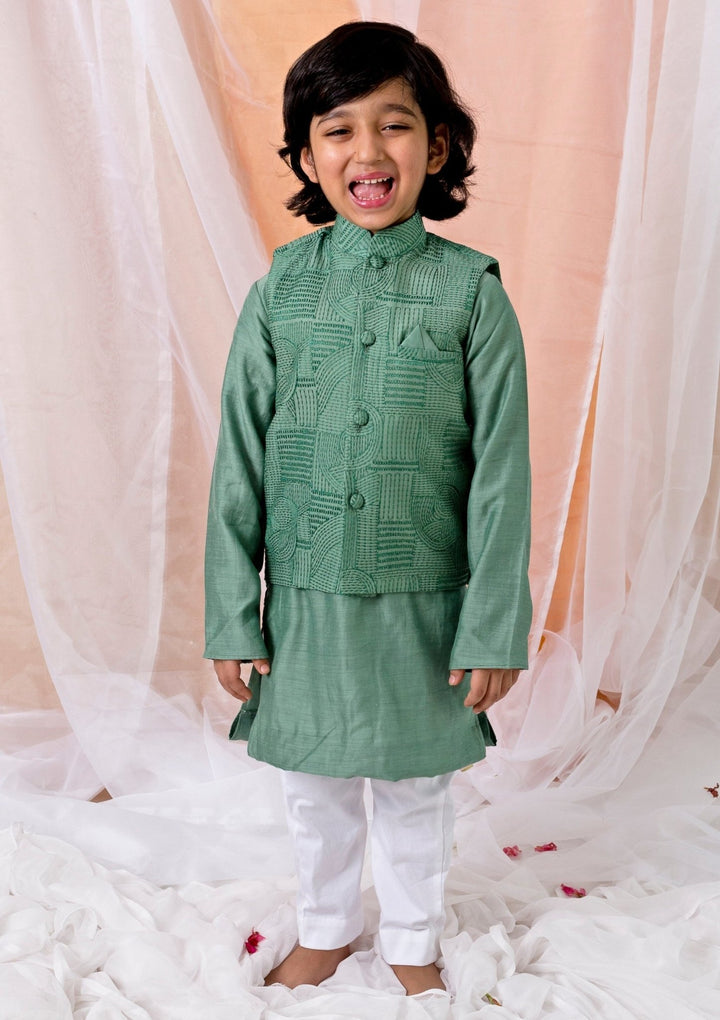 Green Cotton Silk Kurta Bundi Set Chotibuti - Fabilicious Fashion