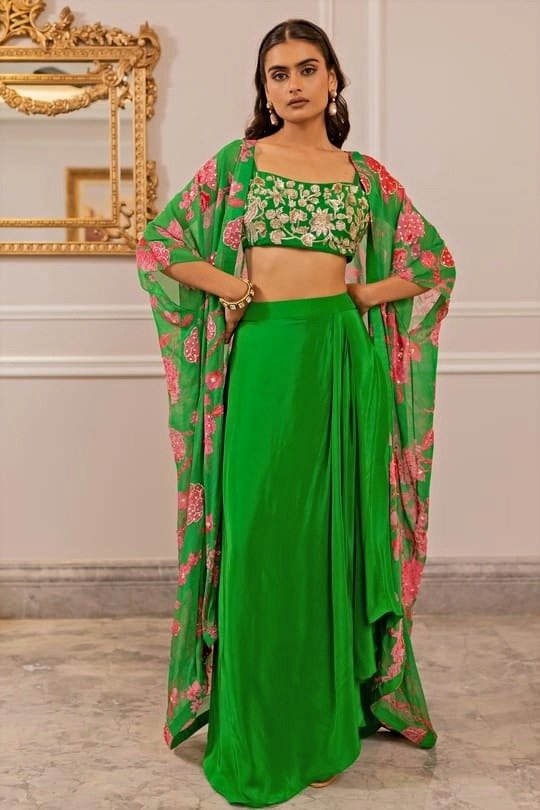 Green Crepe Printed Jacket Set Paulmi and Harsh - Fabilicious Fashion