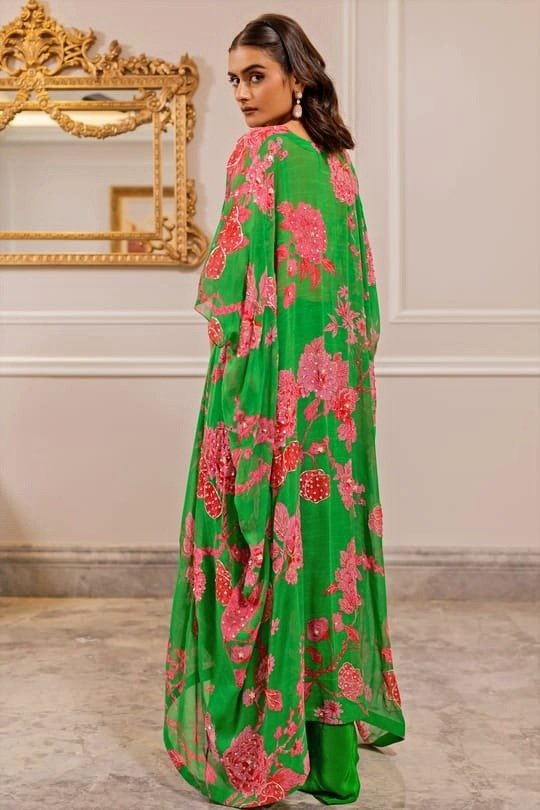 Green Crepe Printed Jacket Set Paulmi and Harsh - Fabilicious Fashion