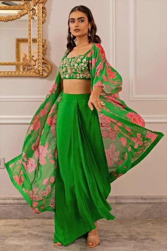 Green Crepe Printed Jacket Set Paulmi and Harsh - Fabilicious Fashion
