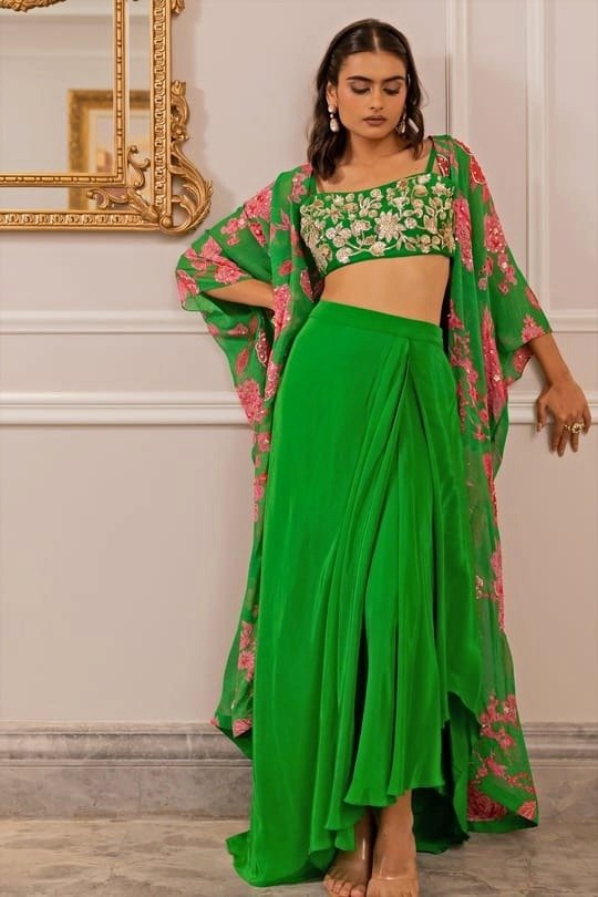 Green Crepe Printed Jacket Set Paulmi and Harsh - Fabilicious Fashion