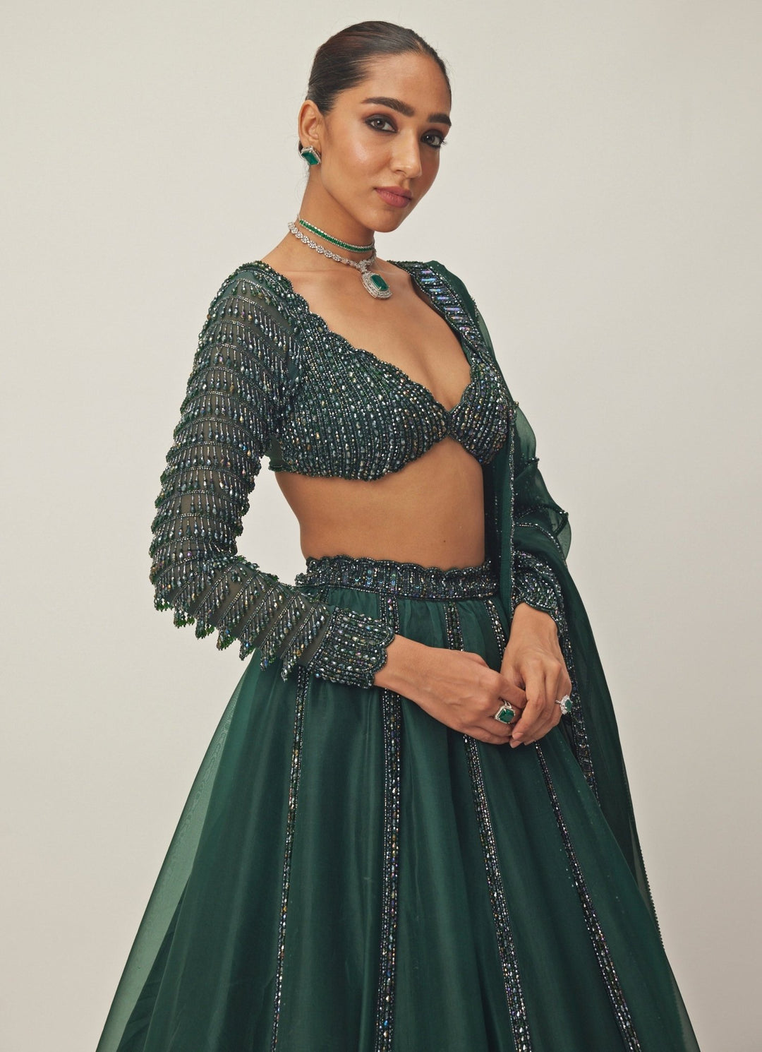 Green Crystal And Sequin Embroidered Organza Lehenga Set Vvani By Vani Vats - Fabilicious Fashion