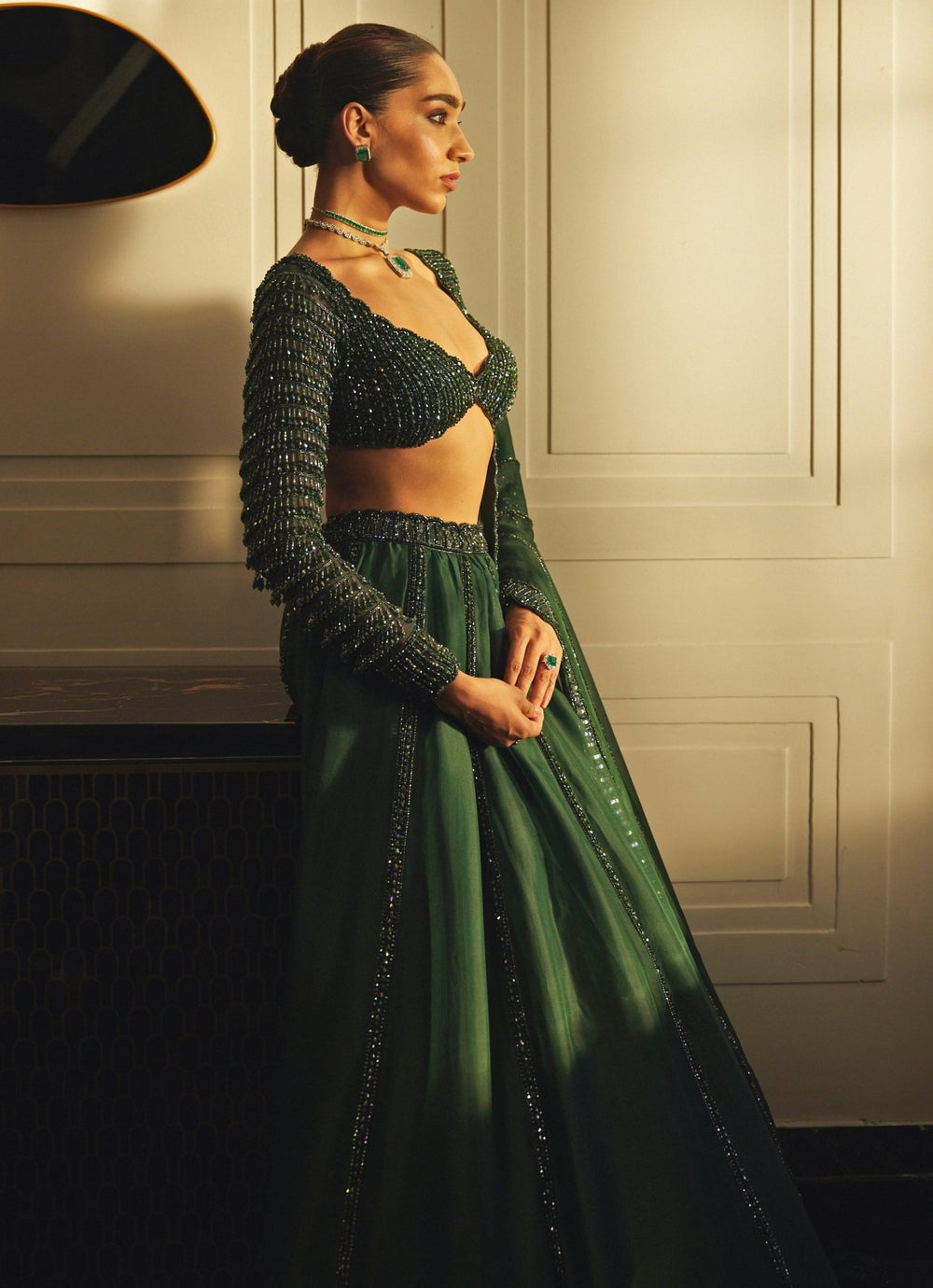 Green Crystal And Sequin Embroidered Organza Lehenga Set Vvani By Vani Vats - Fabilicious Fashion